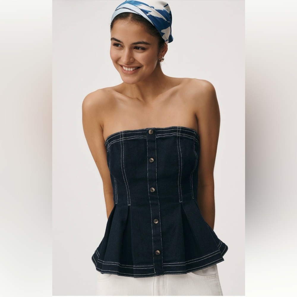 Anthropologie Strapless Denim Peplum Bustier Top NWT XL Edgy Coquette Summer